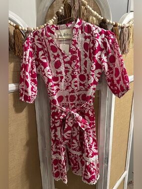 Fawn & Bow Pink and White Printed Tie-Waist Dress